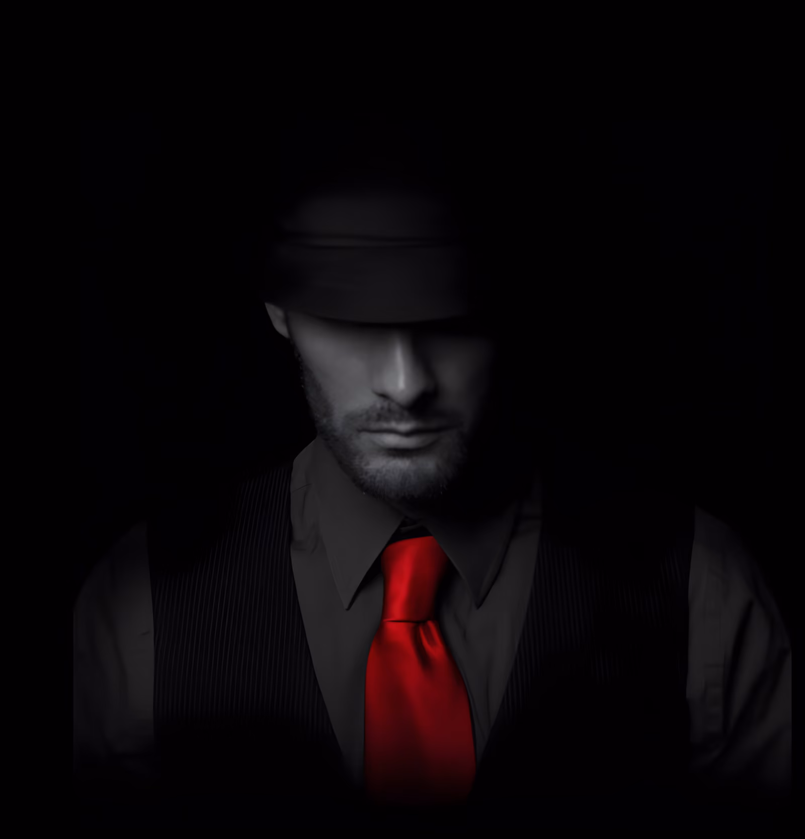 An editorial portrait from the Airikai visual system: a shadowed figure in black with a vivid red tie.
