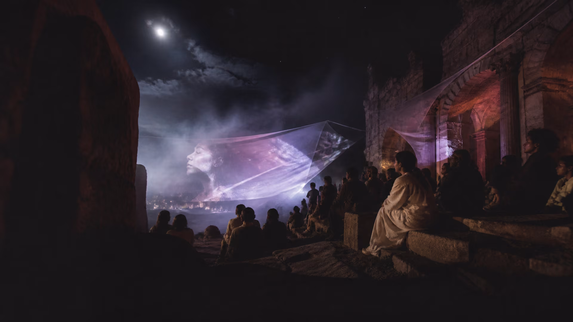 Dreamlike audience landscape with reflective architecture and human silhouettes.