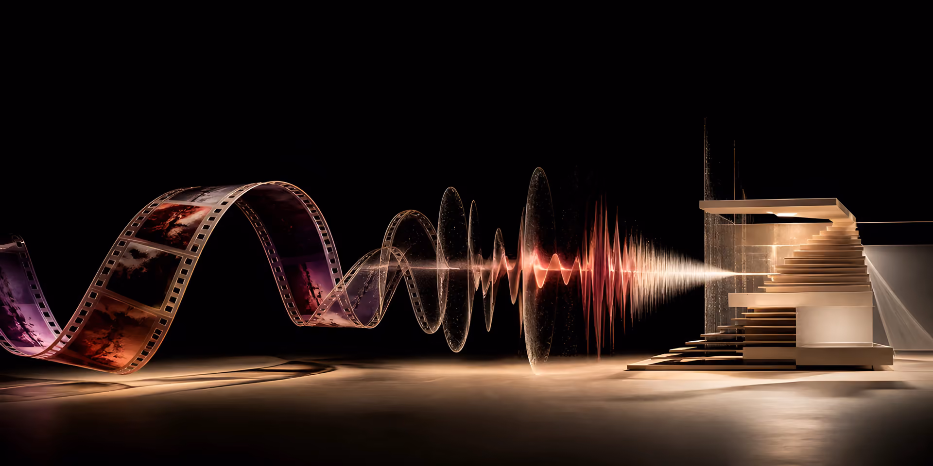 A luminous waveform passes through film, paper, and a small projection apparatus on a black field.