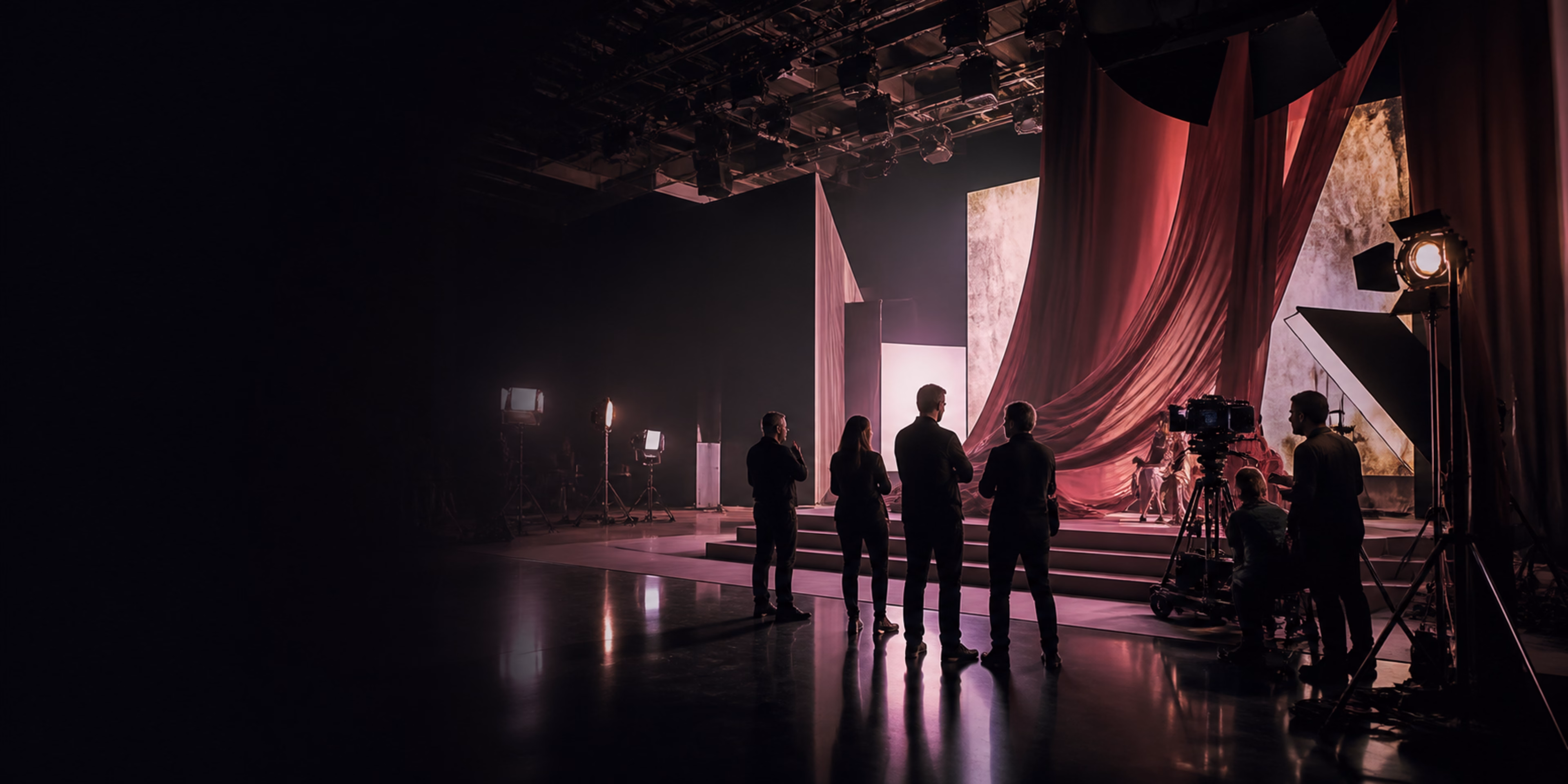 AI-generated campaign scene of creative directors orchestrating a monumental film set of sculptural fabric, cameras, and practical light.
