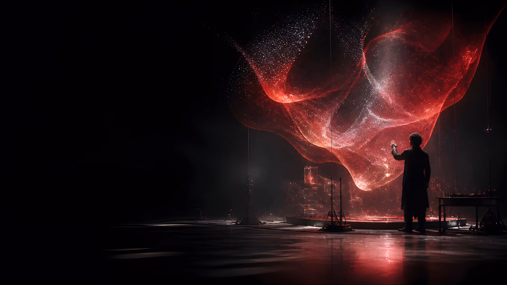 A creative director shapes a suspended field of crimson light inside a dark soundstage.