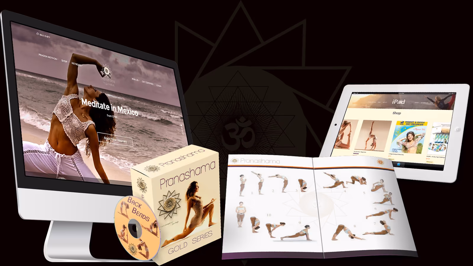 A blue-toned Pranashama brand presentation with multiple media surfaces.