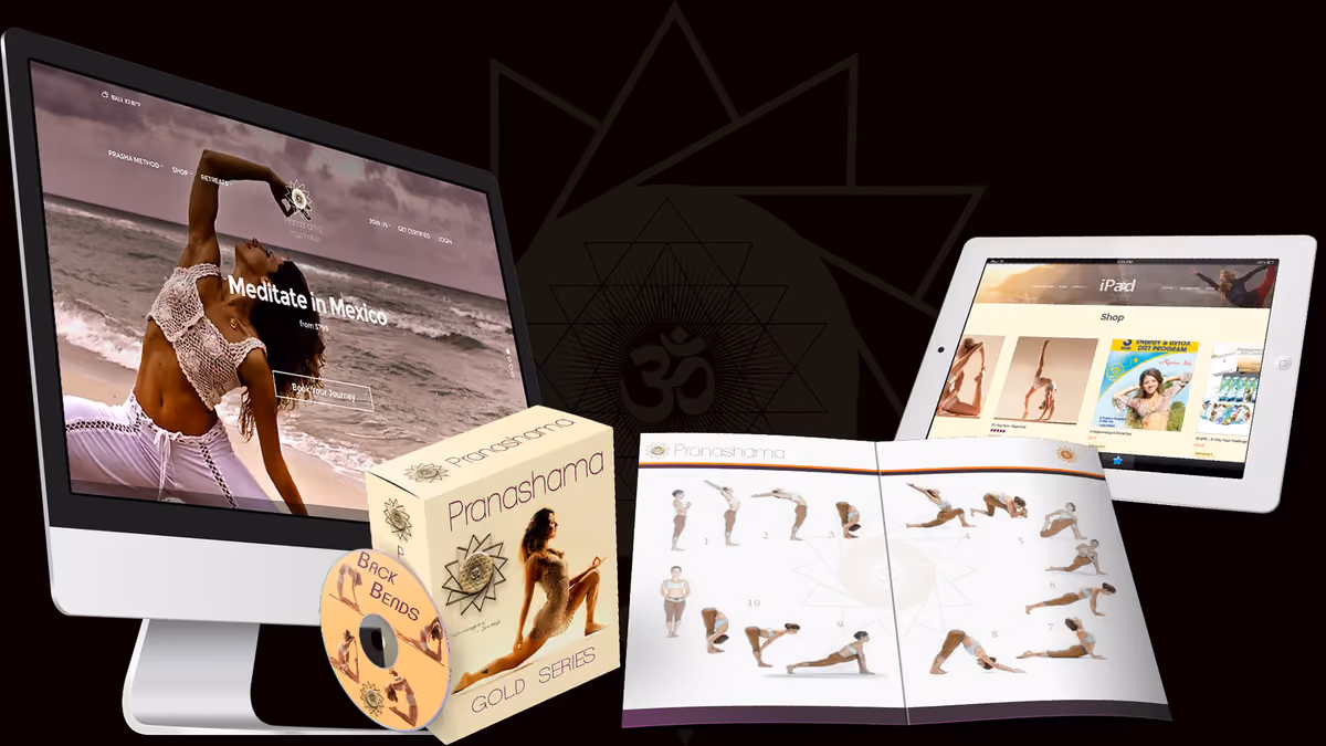 A blue-toned Pranashama brand presentation with multiple media surfaces.