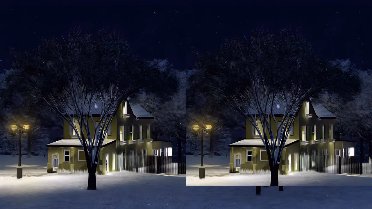 Tao Cottage at night beneath snow.